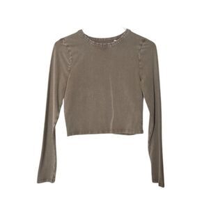 Cropped Beige Long-Sleeve Top By Est.Pac 1980 Size S Stretch Cotton Blend